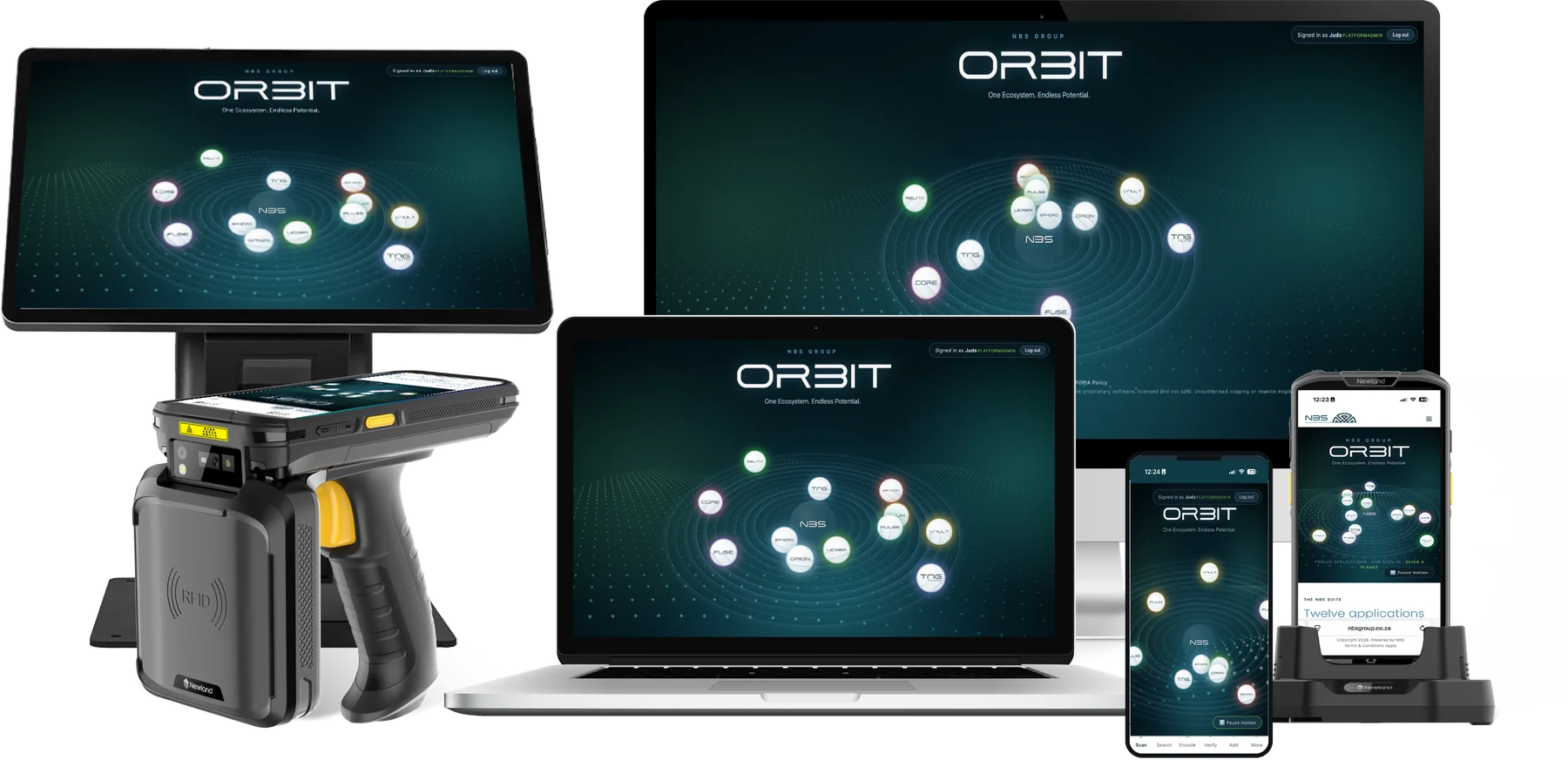 Orbit running on a point-of-sale terminal, desktop, laptop, tablet, phone and an NBS RFID handheld